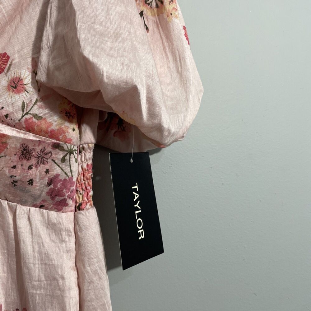 Taylor Pink Floral Puff Sleeve Dress Womens Size 14 V Neck Pockets Lined NWT - Picture 5 of 15